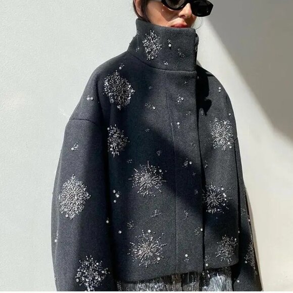 Gray Beaded & Sequin Cropped Jacket - Stand Collar & Sparkle Coat! - Picture 1 of 3